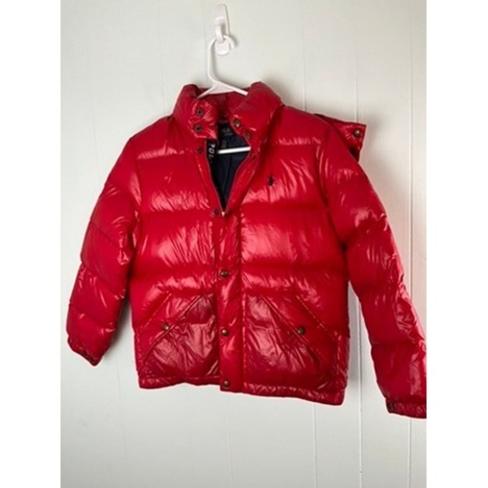 Polo Ralph Lauren Kids Red Shiny Puffer Jacket Detachable Hood Size M 10-12